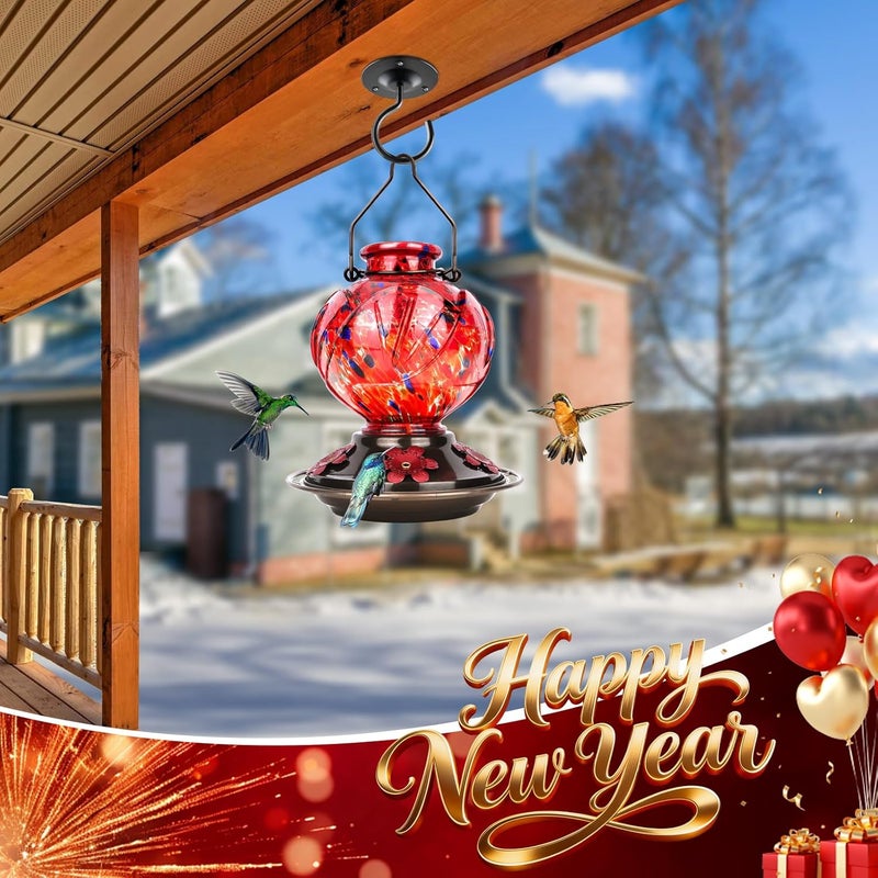BOLITE Hummingbird Feeder, Hand Blown Glass Hummingbird Feeders for Outdoors Hanging, with Ant Moat and 5 Feeding Ports, 22 Ounces, Peony Flower Shape, Red, Gifts for Women Men, Gifts for Mom Dad - Image 2